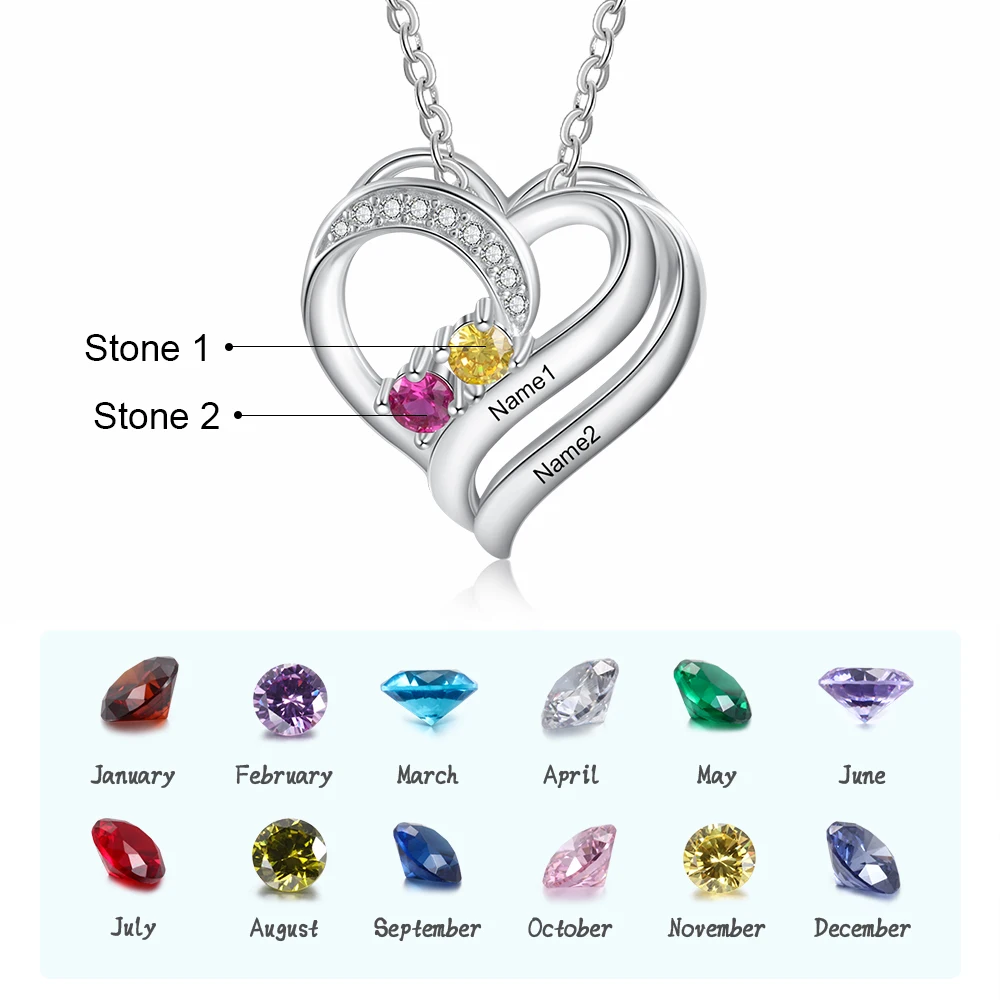 JewelOra 925 Sterling Silver Personalized Engraving Name Heart Pendant Customized Mothers Necklace with 2 Birthstones Fine Gifts