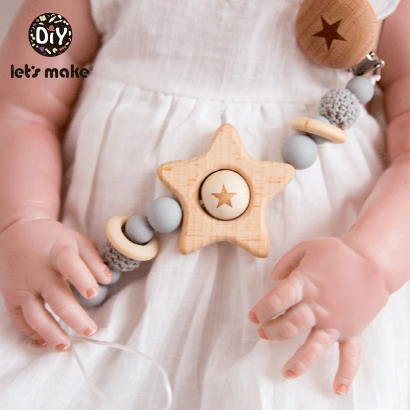 Let\'s Make 1PC Pacifier Chain Baby Teether Beech Star Wooden Clip Geometric Crochet Beads Pacifier Clip Chain Kids Tiny Rod Toys