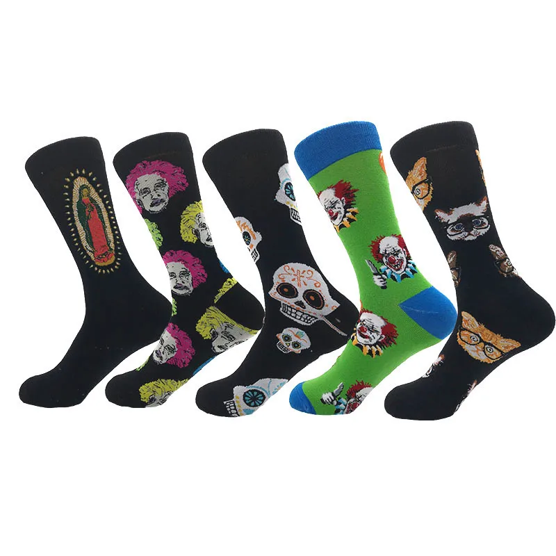 New  Autumn Winter Socks Men Funny Cartoon Cat Monkey Clown Pattern Happy Socks Casual Combed Cotton Calcetines Hombre