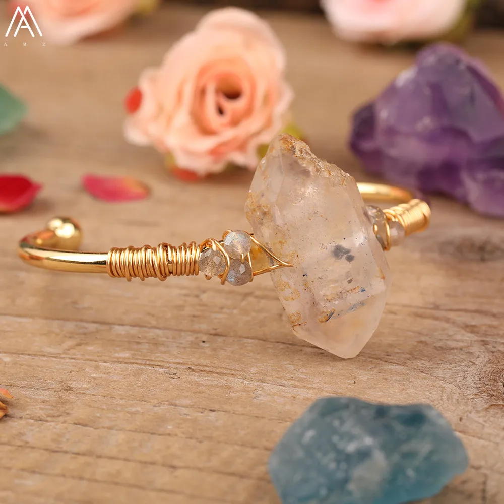 Natural Herkimer Diamonds Quartz Stick Point Cuff Bangle Bracelets Women Quartz Crystal Bead Adustable Bracelet Jewelry Dropship