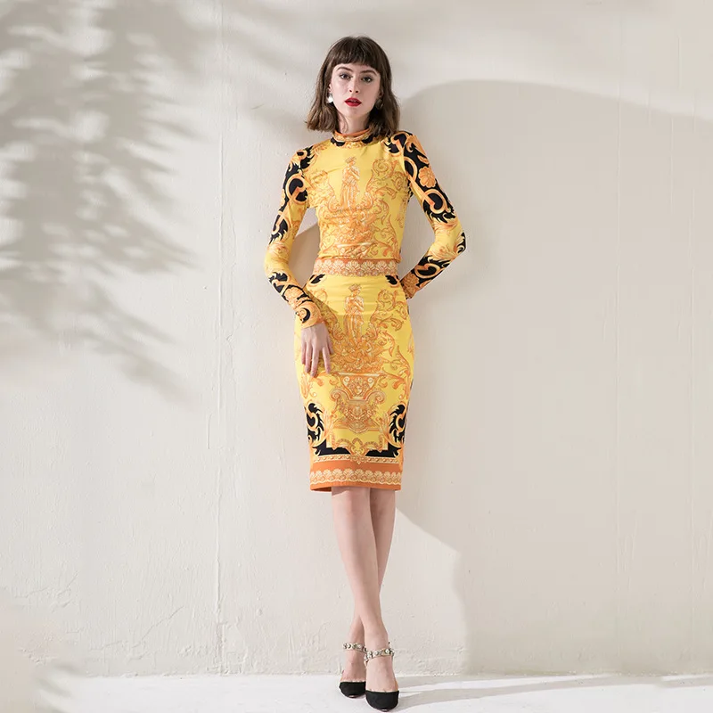 

golden retro floral qipao collar knitted dress women robe 20 summer long casual beach sexy dresses plus size luxury slim fit