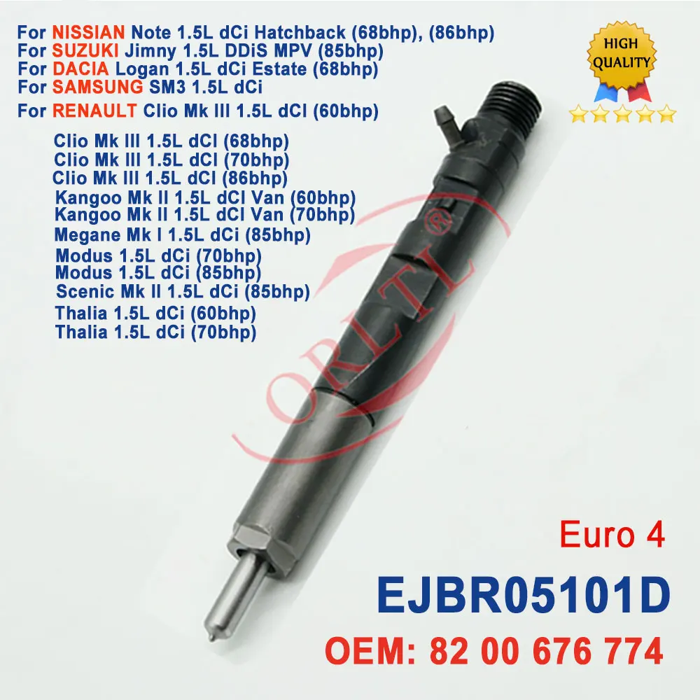 

ORLTL EJBR0 5101D Common Rail Injector EJBR05101D Fuel Injector Nozzle For RENAULT CLIO 8200676774 8200421359 Euro 4