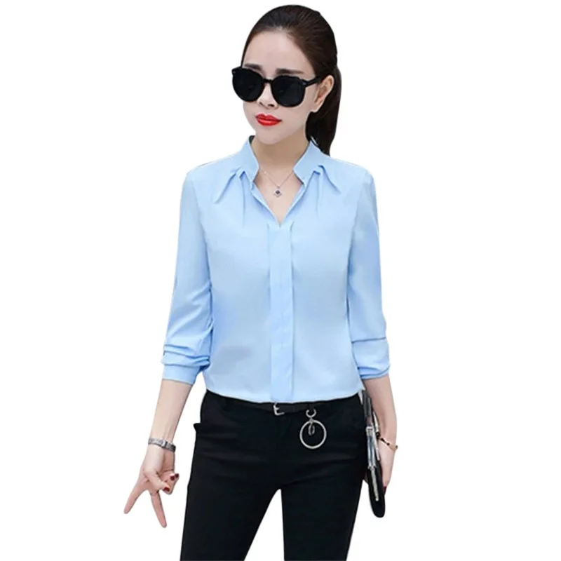 Sommer Frauen Chiffon-Bluse Shirts Damen Weiß Elegante Sexy V-ausschnitt Bluse Langarm Hemd Weibliche Büro Hemd 2020