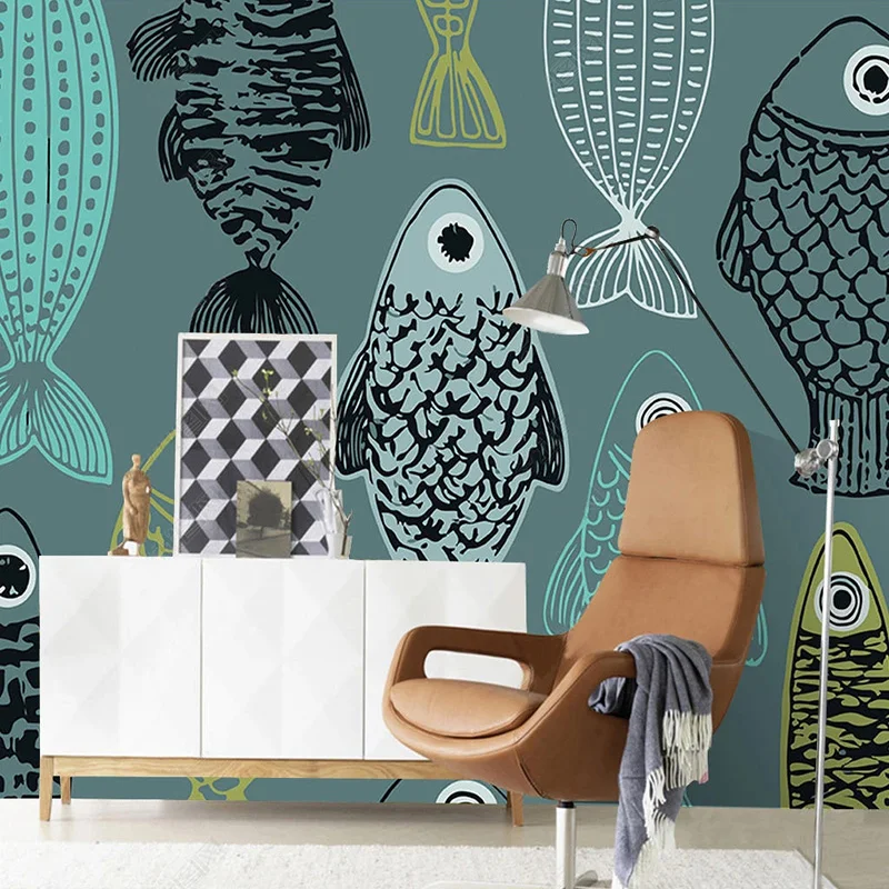 Custom Self-Adhesive Wallpaper Modern Simple Hand-Painted Fish Cartoon Mural For Children's Bedroom 3D Waterproof Sticker Tapety
