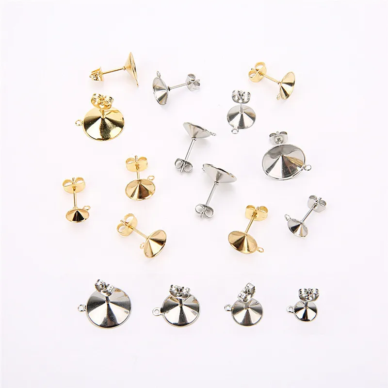 20pcs Stainless Steel Blank Stud Earring Pins Settings Earring Back Stopper 6/810/12mm Cabochon Base Jewelry Earring Findings