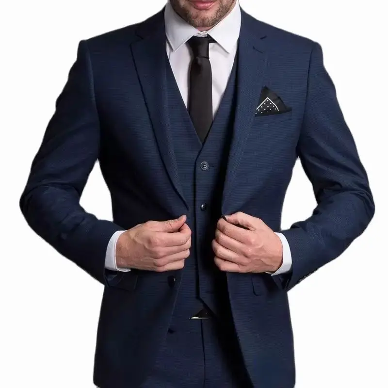 Costumes pour hommes bleu marine, coupe cintrée, Tuxedos de mariage à revers cranté, ensembles de 3 