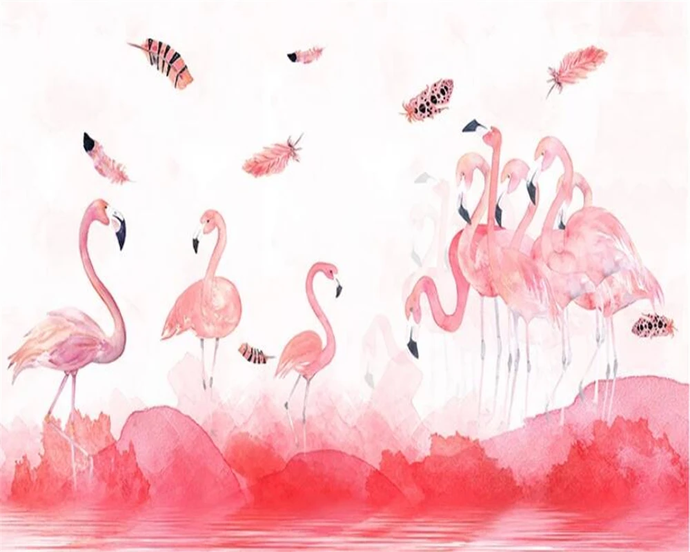 Beibehang Mural wallpaper Modern hand drawn Pink flamingo feather wallpaper TV sofa Children's room background wall 3d wallpaper