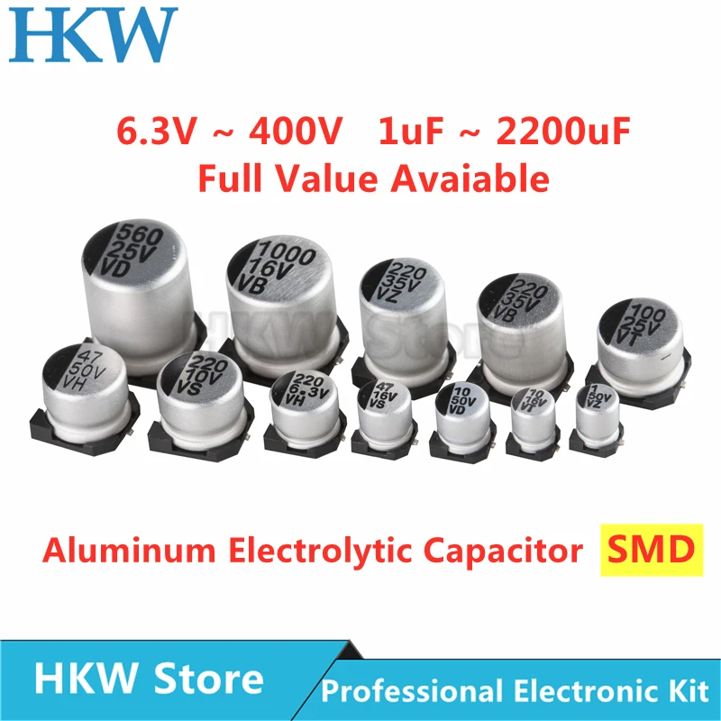 10pcs SMD Aluminum Electrolytic Capacitor 6.3V 10V 16V 25V 35V 50V 63V 1UF 10UF 22UF 33UF 47UF 100UF 330UF 470UF 1000UF Original