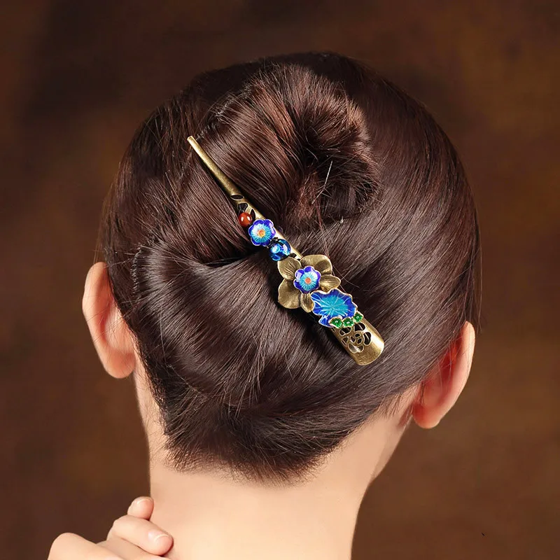 Vintage Cloisonne Enamel Hair grips Bronze alloy Barrettes Large Hair pins Chinese Ethnic Head Ornaments Clips Hair Accessories