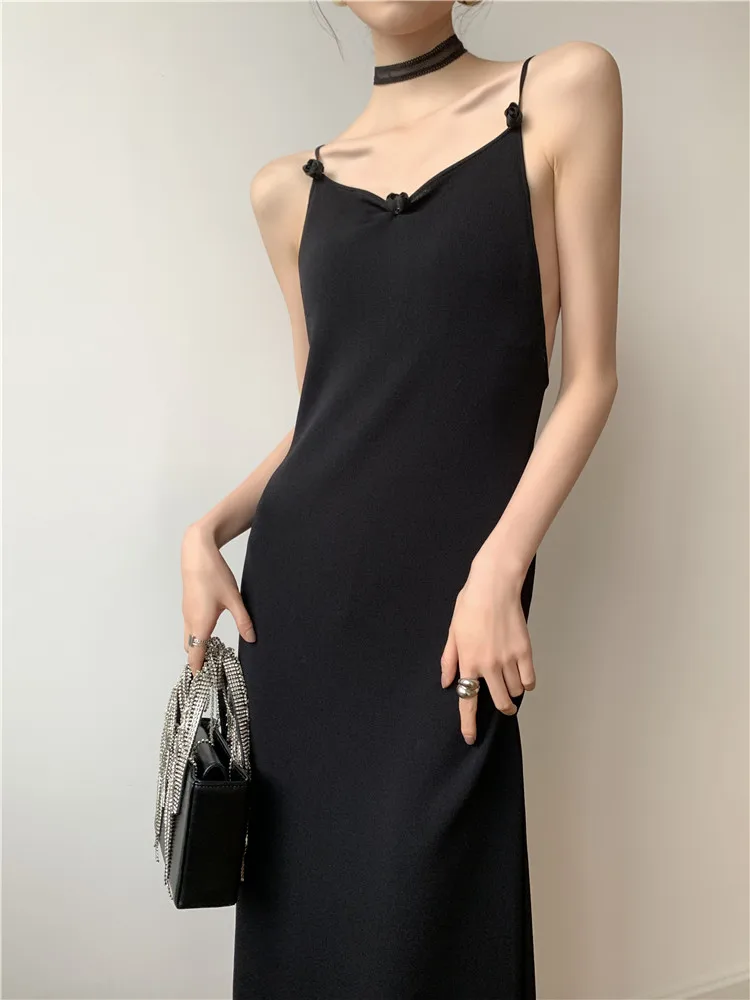 CHEERART Backless Butterfly Elegant Long Sexy Dress Women Summer Spaghetti Strap Black Bodycon Ladies Midi Night Club Dress