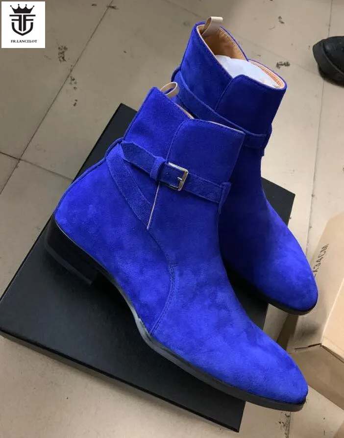 FR.LANCELOT 2020 New Chelsea boot royal blue suede boots point toe buckle ankle boots sliver buckle mujer botas party shoes men