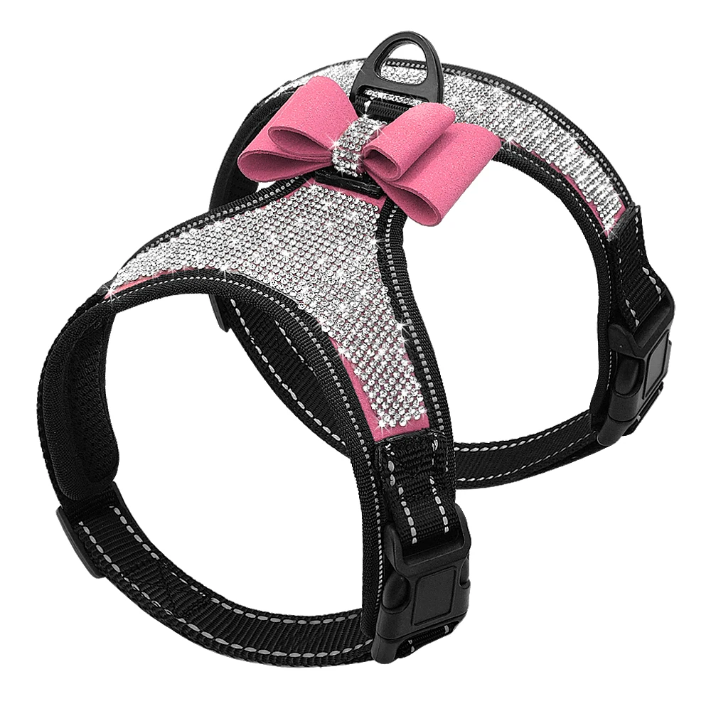 Fashion Reflecterende Bling Strass Hond Harnas Nylon Pitbull Pug Kleine Medium Honden Harnassen Vest Met Strik Hond Accessoires