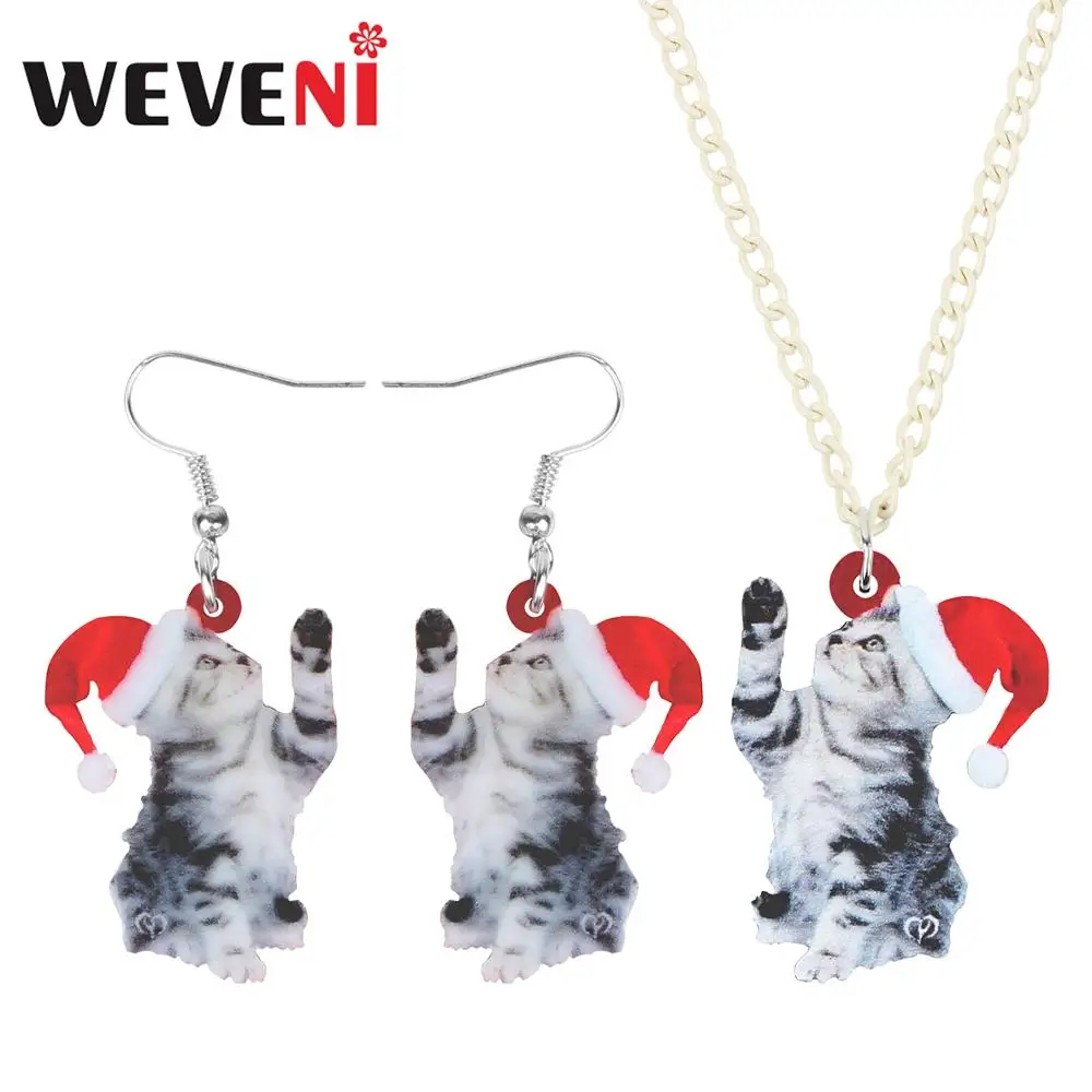 WEVENI Acrylic Britain Christmas Hat Short Hair Cat Jewelry Sets Necklace Earrings Animal Jewelry For Women Girl Teen Charm Gift