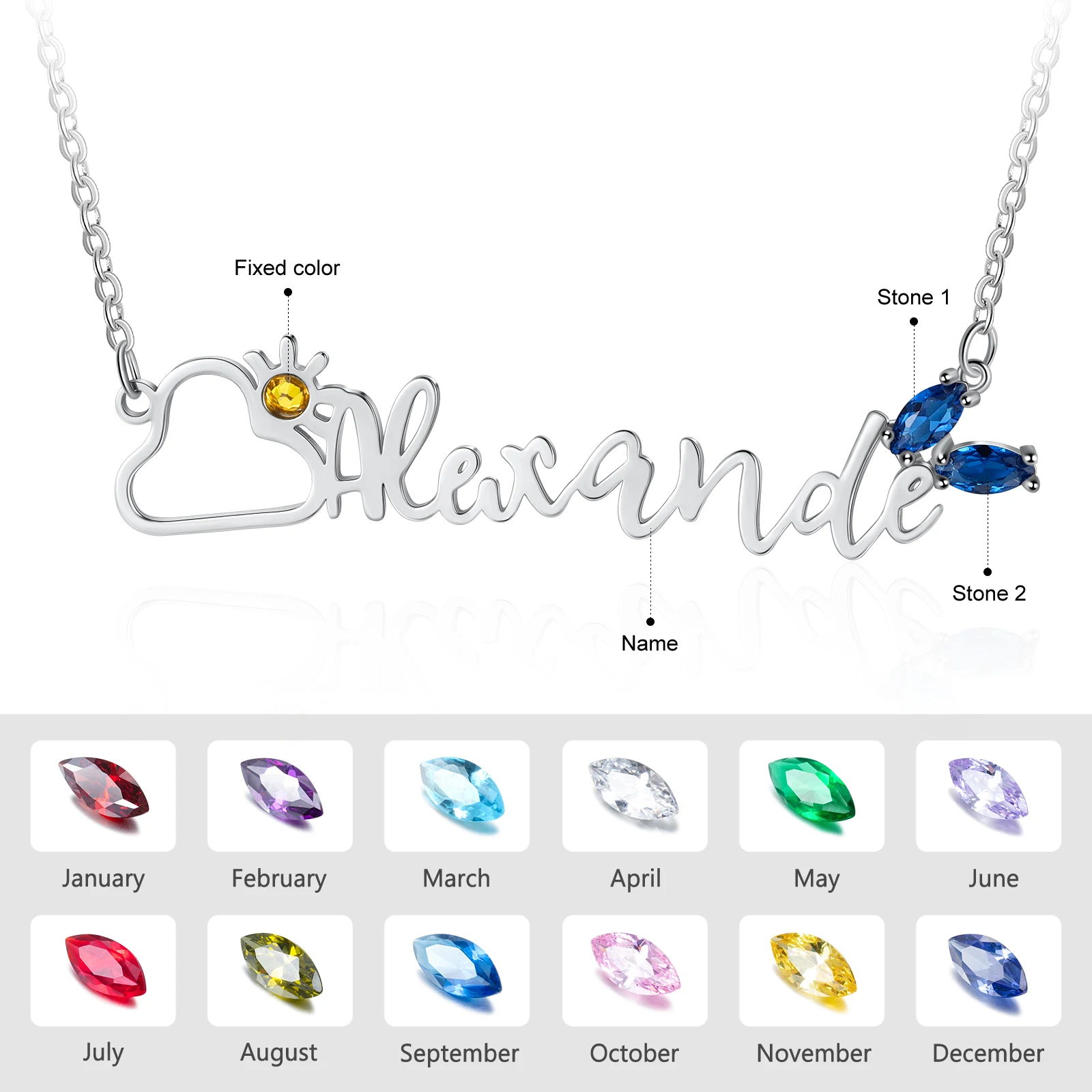 925 Sterling Silver Personalized Name Necklace with Sunshine Charm Cloud Custom 2 Birthstone Nameplate Pendant Jewelry Xmas Gift