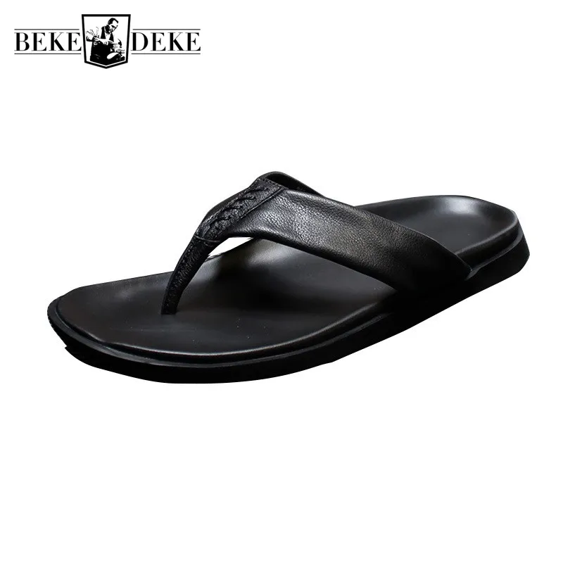 Brand Flops Mens Non-Slip Flip Genuine Leather Personalized Beach Slipper Fashion Streetwear Summer Black Flat Sandals Footwear