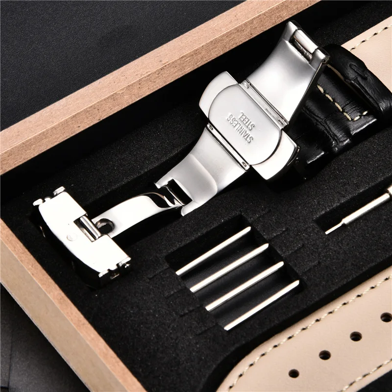 Embossed Genuine Leather Watchbands with Box Stainless Steel Buckle Straps 17/18/19/20/21/22/23/24mm Business Watch Strap