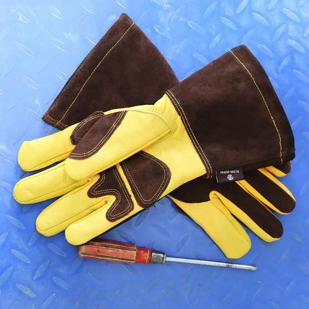 Welding Work Gloves with Coffee Palm Welders Thick Cow Split Leather Kitchen Stove Heat Resistant BBQ Glove HY042