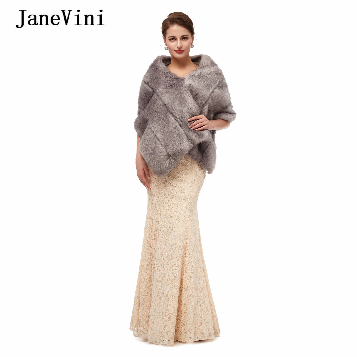 

JaneVini 2020 Elegant Gray Faux Fur Stoles Bridal Shawls and Wraps Winter Women Party Bolero Soft Warm Cloak Wedding Accessories