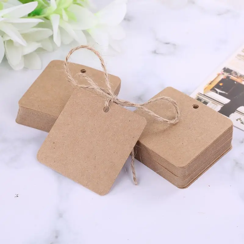 100pcs Blank Square Kraft Paper Gift Hang Tags Wedding Label Price Card Craft with 10m Natural Jute Twine image 2