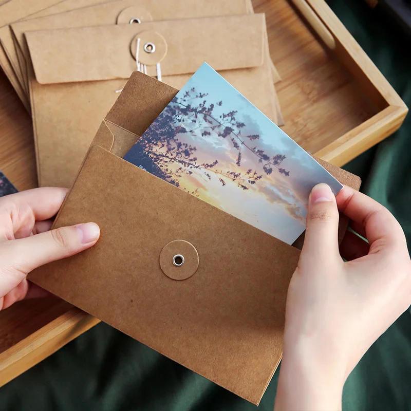 1 PC Vintage Brown Kraft Paper Envelopes with Button String Tie Closure Clasp for Greeting Cards Letter Photos Journal Storage