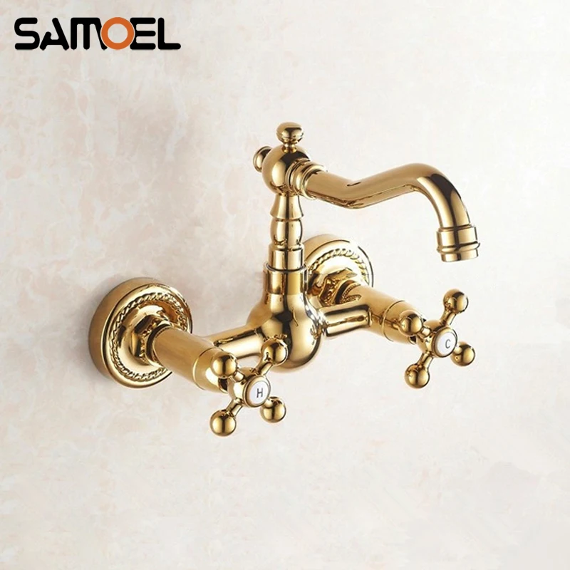 Gold Plated Faucets Wall Mounted Mixer Taps 360 Swivel Hot and Cold Double Handles Taps G1006