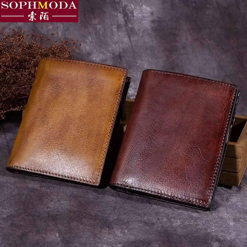 ★leather wallet men's top leather men's Wallet Leather Vintage Wallet men's short Korean zipper thin soft leather