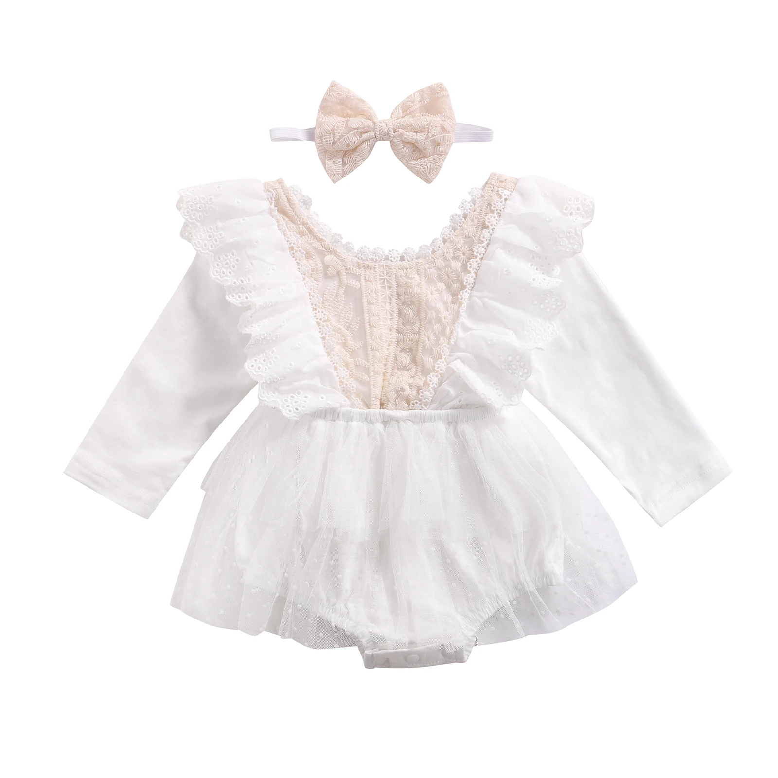 Lioraitiin 0-18M Newborn Infant Baby Girls 2Pcs Fall Outfits Ruffle Long Sleeve Floral Lace Tutu Patchwork Bodysuit Headband Set