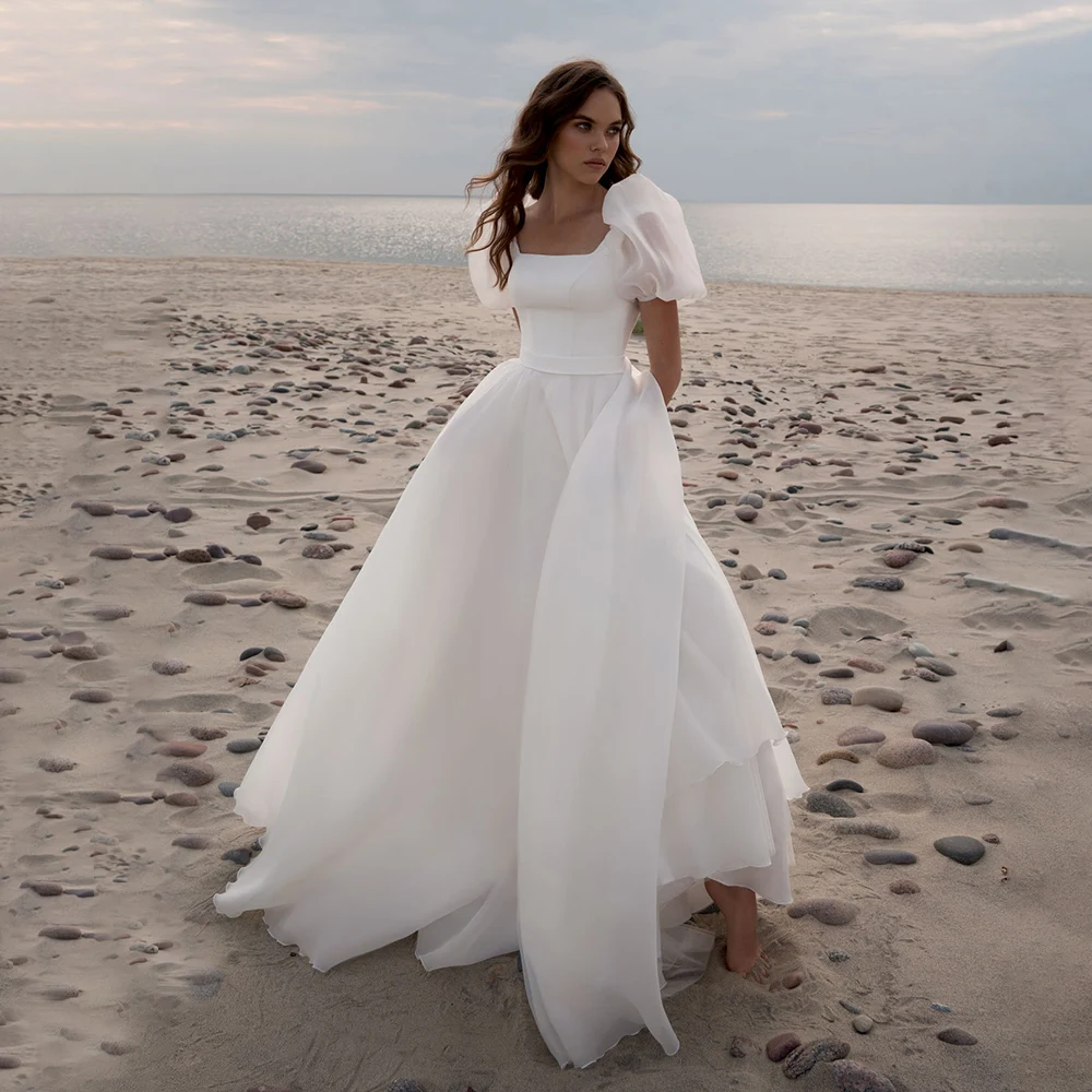 Vestido de boda de Organza con cuello cuadrado y mangas farol cortas, vestido de novia hecho a medida, de princesa, Espalda descubierta, sencillo, largo, para playa, 2021