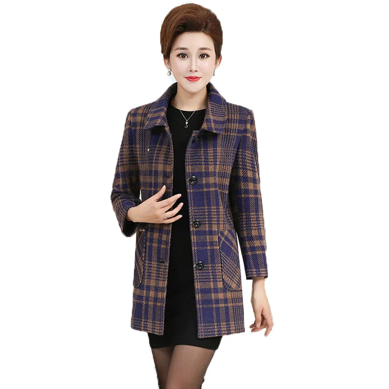 

Blended Woolen Coat Middle-aged and Elderly Women's Jackets Autumn And Winter Single-breasted Thicken Wool Plaid Jacket Outwear