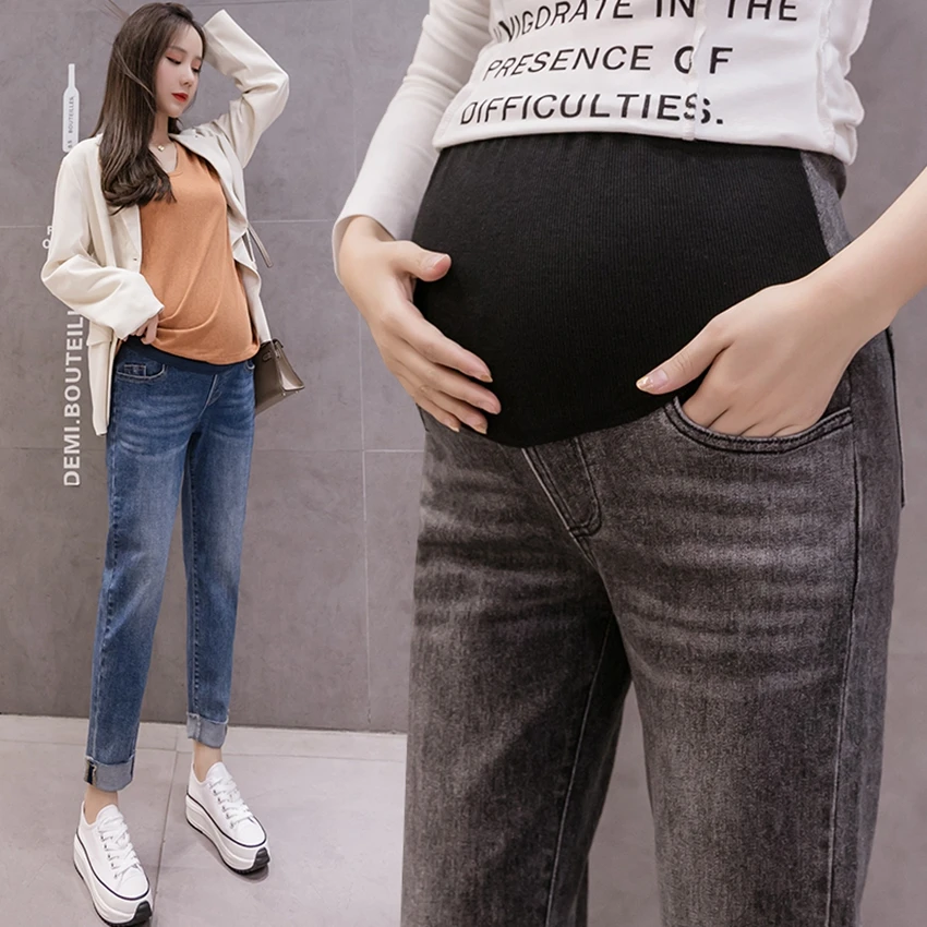 Pregnant women's denim trousers autumn and winter thick section belly lift loose pregnant women's trousers fashion trendy mom pa