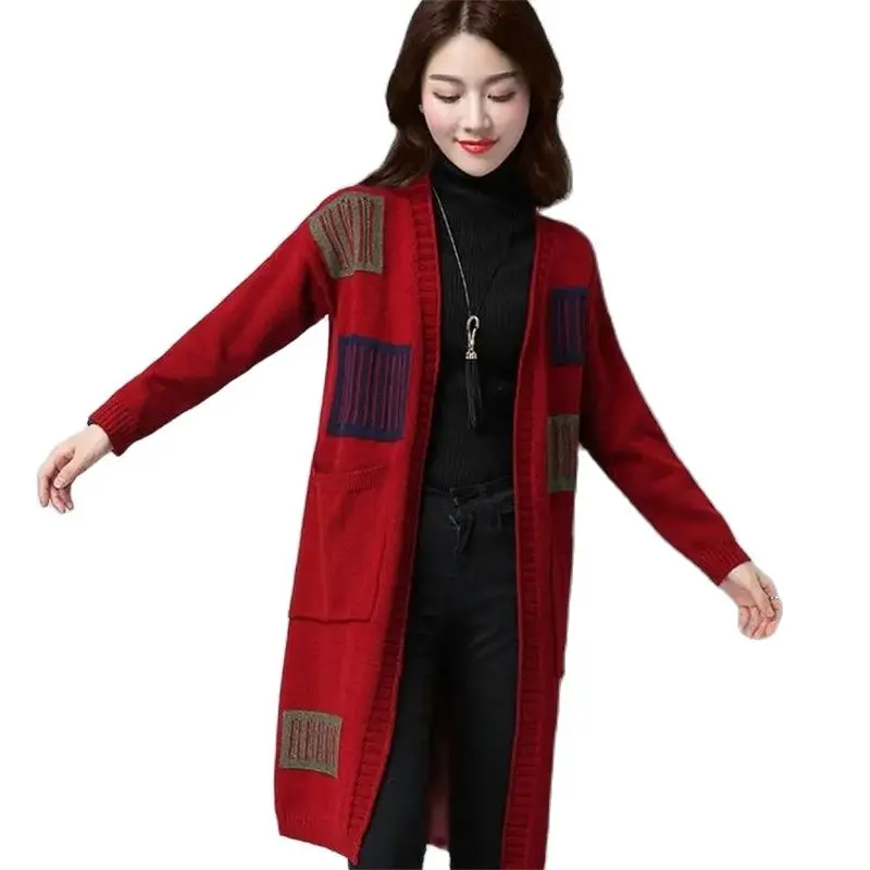 

2021 Women Spring Autumn New Thicken Loose Thin Sweater Jacket Female Knit Cardigan Mid-length Korean Coat Trend Splicing A794