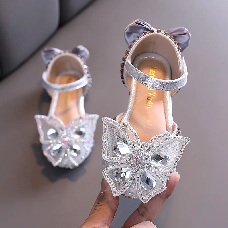 Silver Pink Bling Bling Rhinestone Butterfly Crystal sandal kids Princess Shoes for wedding party girls dance Performance shoes