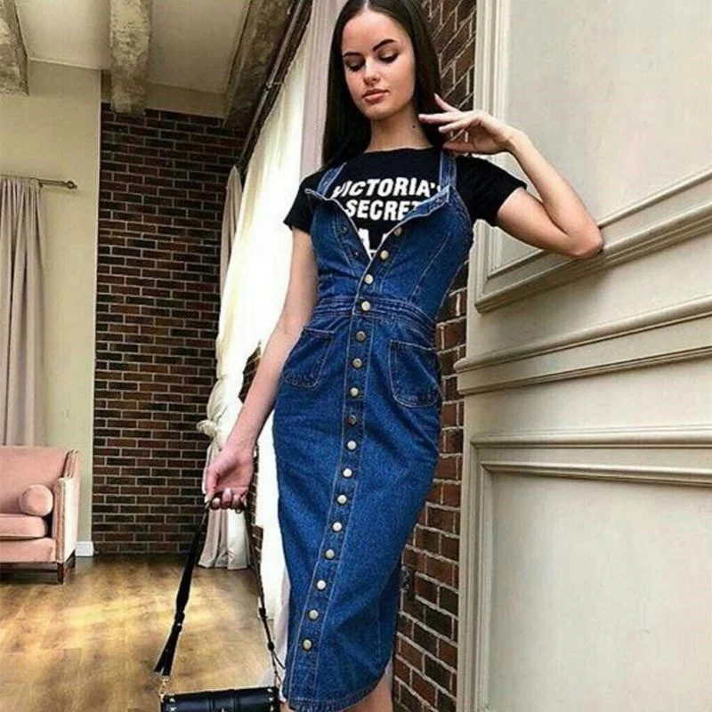 

Sale Hot Women Single Breasted Spaghetti Strap Denim Wrap Dresses High Waist Sleeveless Backless Knee Length Streetwear Dresses