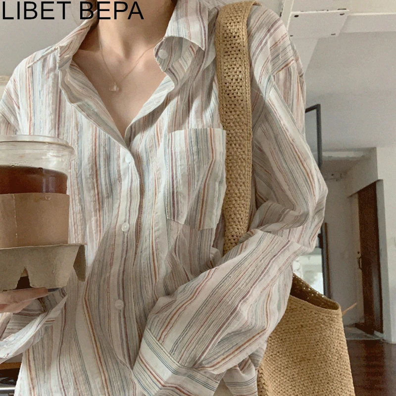 BL3532 New 2023 Fashionable Oversized Single Breasted Shirts Striped Vintage Minimalist Summer Autumn Women\'s Blouses Wild Tops