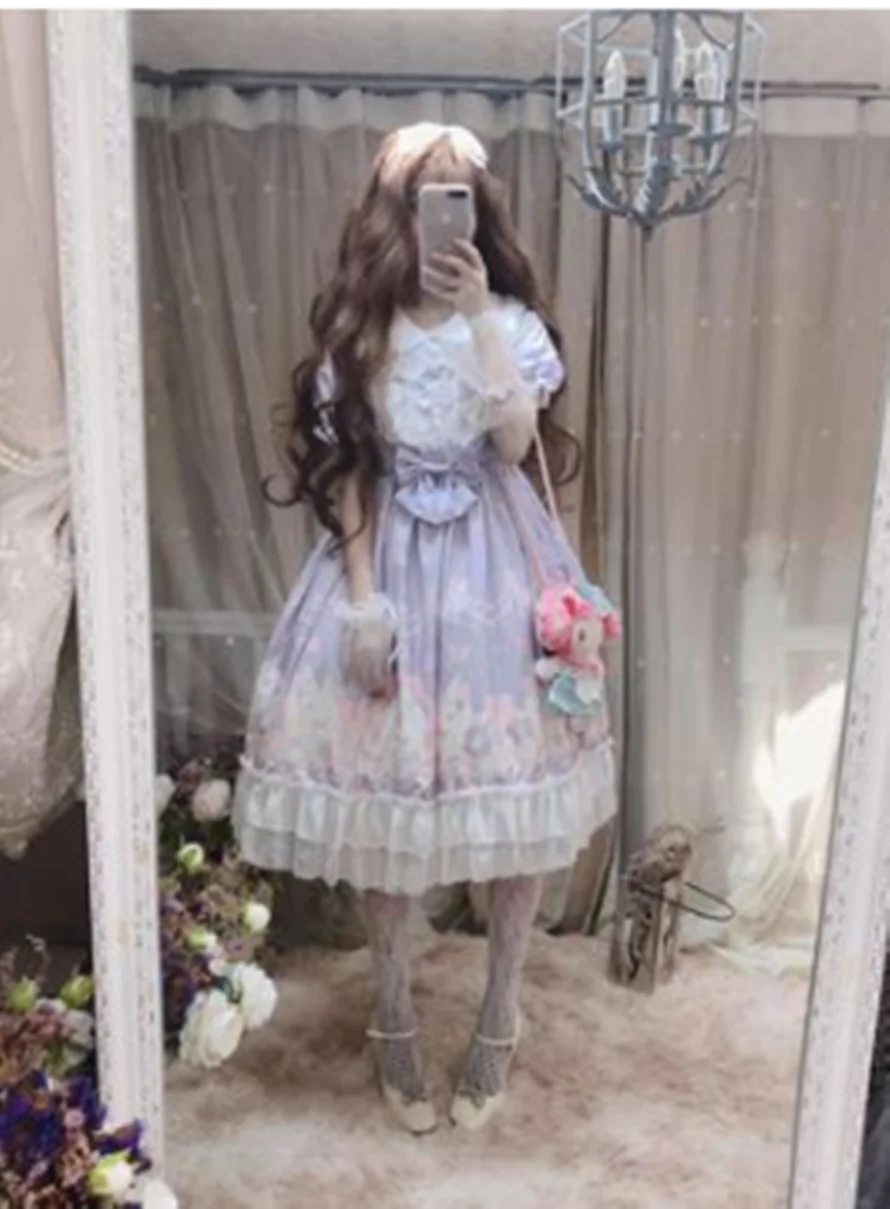 

kawaii girl gothic lolita op cos Sweet princess lolita dress vintage lace bowknot peter pan collar cute printing victorian dress