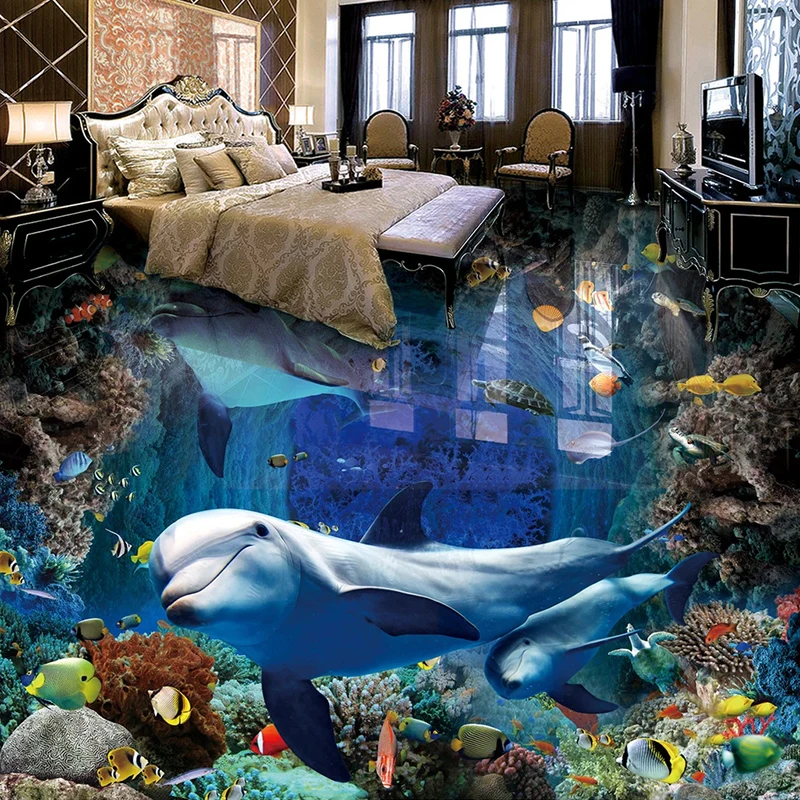 Underwater World Dolphin 3D Floor Painting Mural Wallpaper Waterproof Self-adhesive Bedroom Bathroom Floor Tiles Stickers Wall