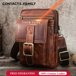 CONTACT'S FAMILY Crazy horse leather Male Phone Pouch Bags Case For iphone 16 15 14 Pro Waist Pack Bag Men's Shoulder Belt Bag