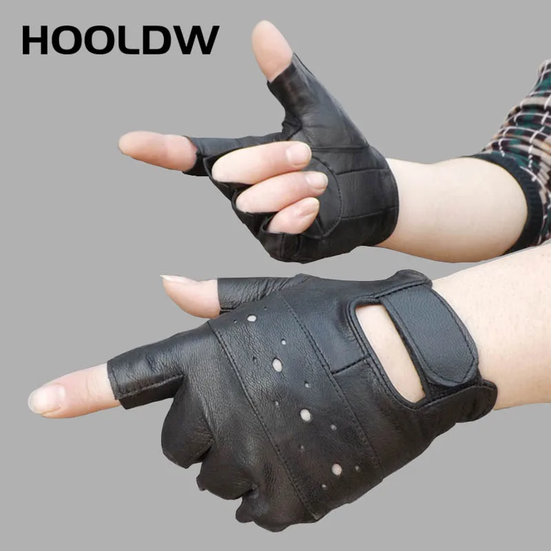 HOOLDW 2020 New Mens Sheep Leather Gloves Sport Driving Slip-resistant Gloves Fitness Half Finger Tactical Gloves Guantes Luva