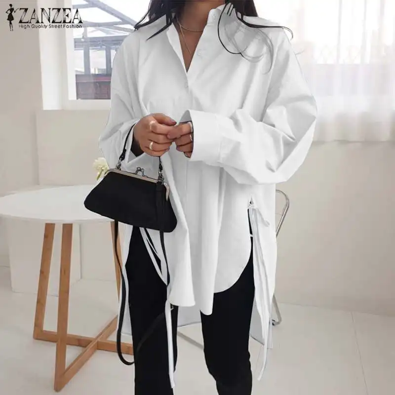 Elegant Shirts Women\'s Asymmetrical Blouse 2023 ZANZEA Casual Lace Up Blusas Female Lapel Neck Button Shirt  Tunic Top