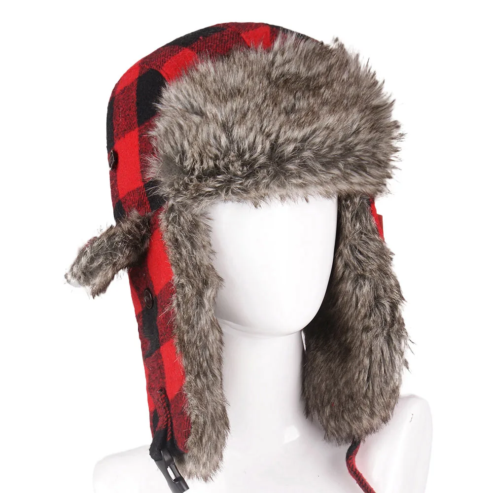 Winter Hats for Mens Bomber Hat Fur Red Warm Earflap Cap Windproof Women Thicker Plaid Russian Ushanka Lei Feng Hat Ski Snow Cap