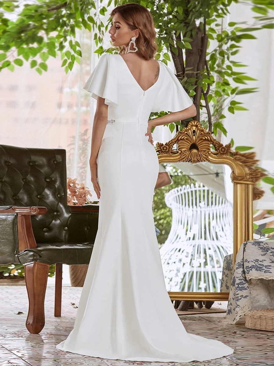 Sexy Trouwjurk Wit Voor Vrouwen Custom Made Mermaid Bridal Gown Floor Lengte V-hals Korte Mouw Gewaad De Mariee Elegnat simpl