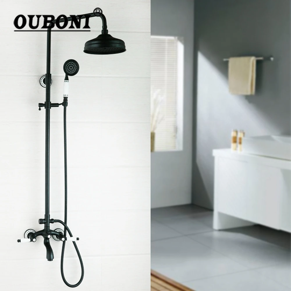 

OUBONI Round Bathroom Shower Faucet Set Oil Rubbed Bronze Swivel 8 Inch Rainfall Shower Head & Heldhead Bathtub Mixer Tap