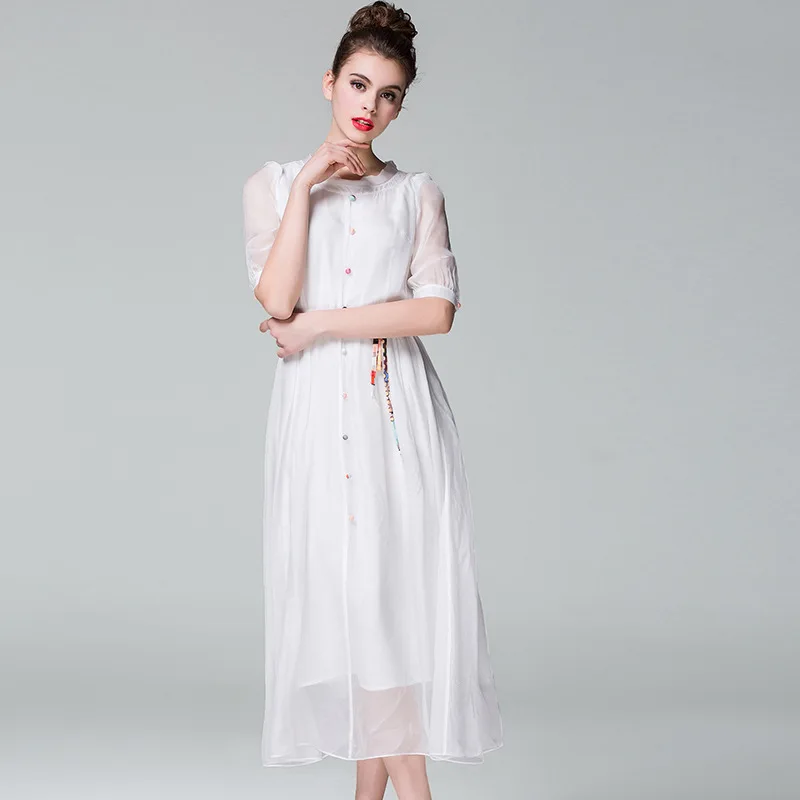 Summer Dress Ladies 100% Real Silk Dresses Women Clothes 2019 Korean Boho White Long Dress Casual Elegant Vestidos 0368