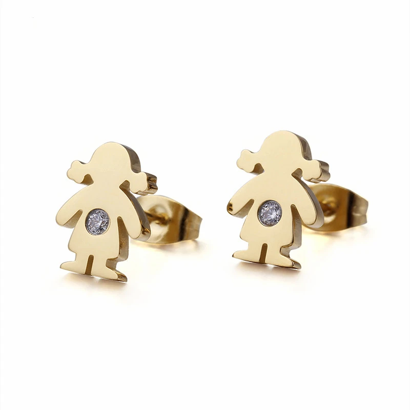 New Peru Lima Gold Color Boy Girl Charm Stud Earrings For Women Zircon & Stainless Steel Cartoon Figure Earrings Jewelry
