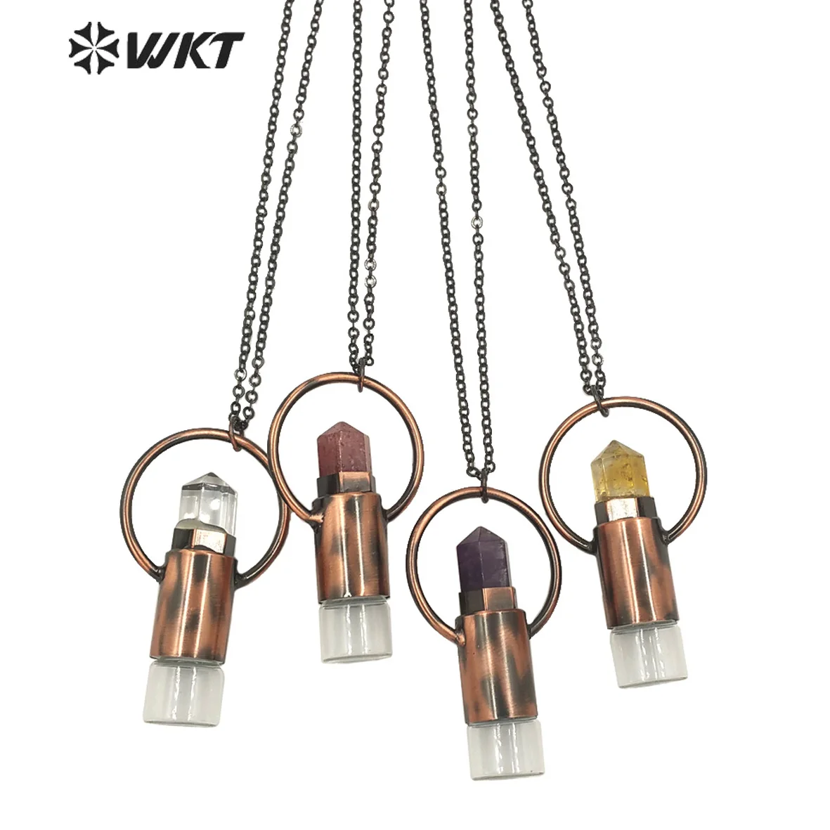 WT-N1293 Wholesale new fashion Antique gold electroplated roll perfume bottle necklace Women boho big spirit stone necklace