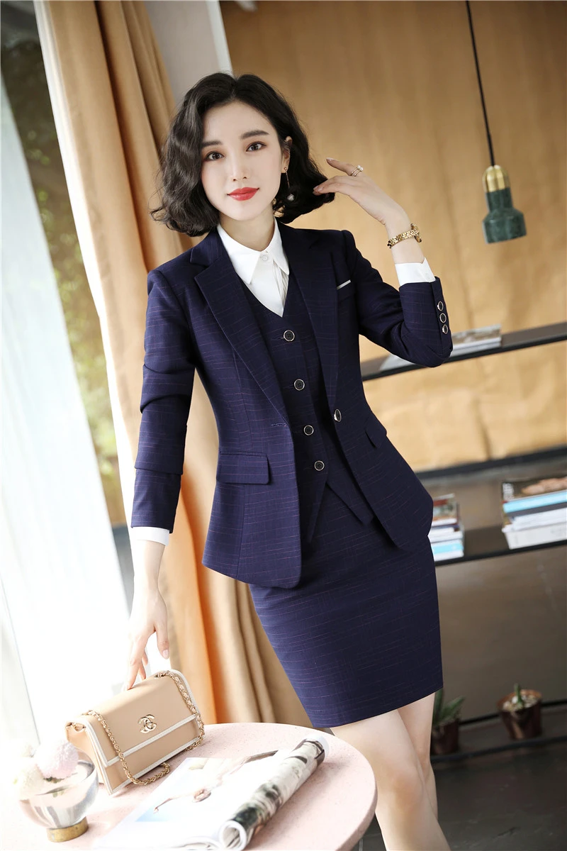 High Quality Fabric Formal Women Business Suits with Skirt and Tops and Vest & Waistcot for Ladies Blazers Autumn Winter Sets