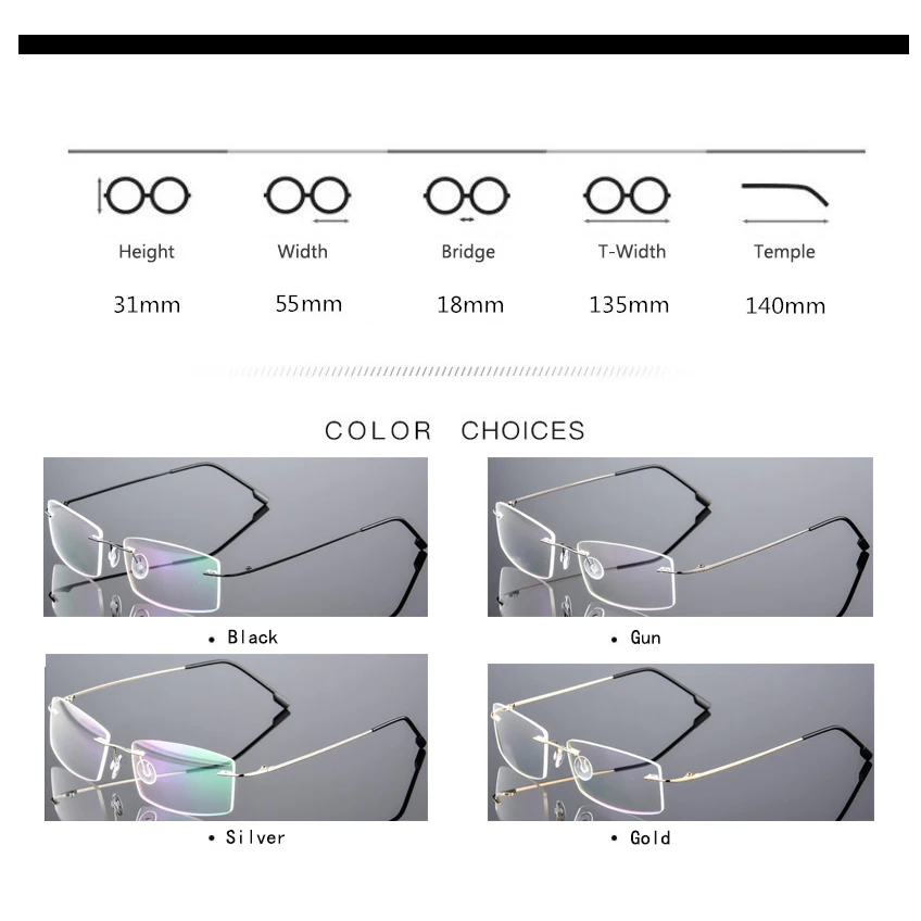 Classic Mens Titanium Rimless Glasses Frames , Spring Temple Myopia Optical Frame , Ultra-light Frameless Eyeglasses F858