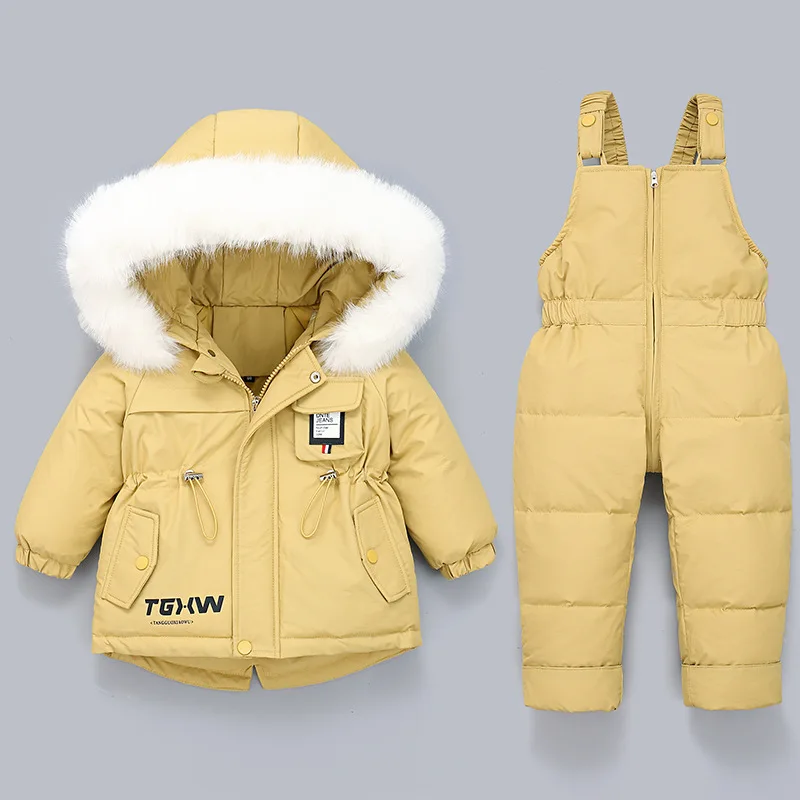 Children's Down Jacket Suit New Winter Baby Boys Suspender Trousers Male Child Girl Warm Ski Suit Kids Winter Jacket