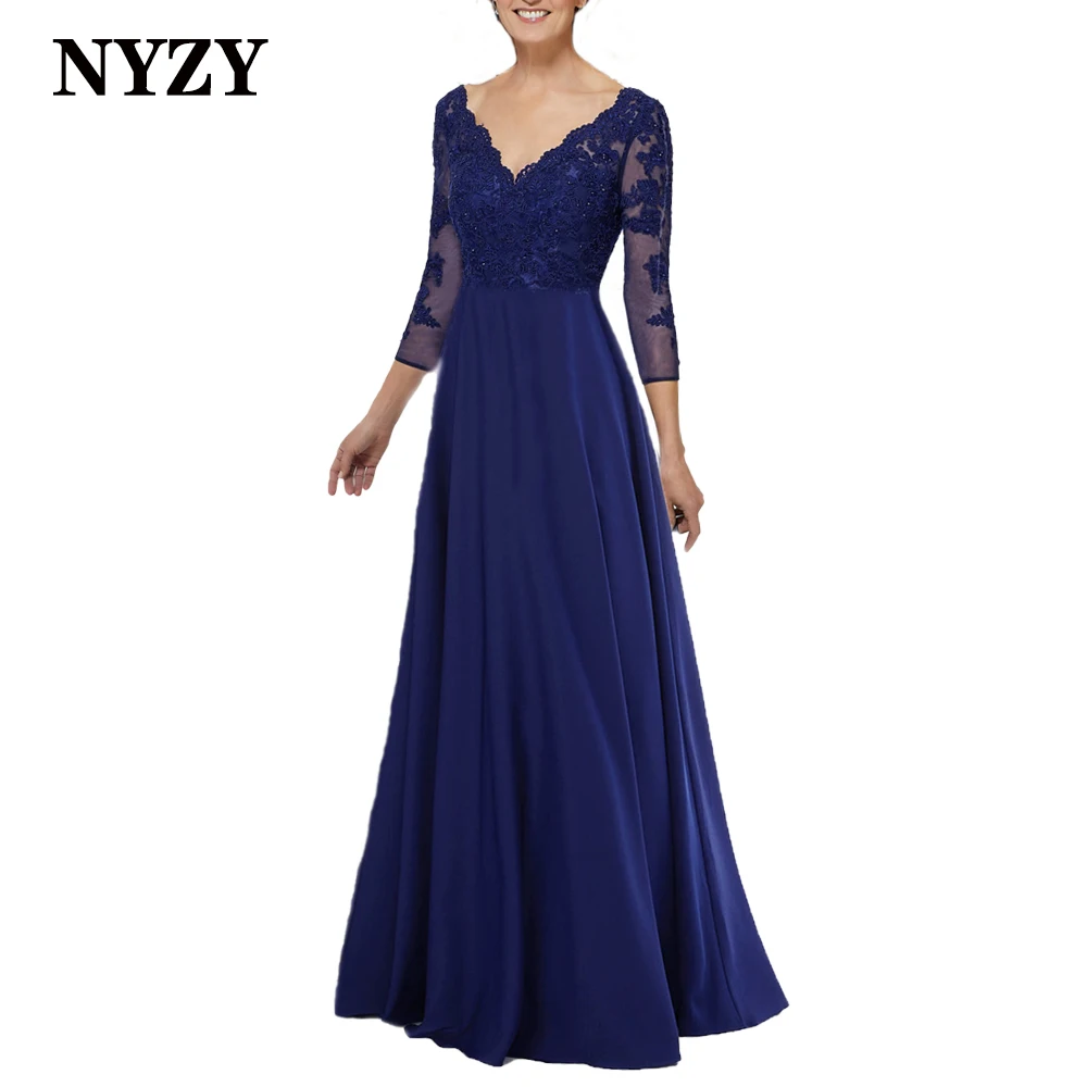 M371 nyzy elegante chiffon frisado renda azul marinho mãe da noiva vestidos 2021 3/4 mangas vestido de festa de casamento vestido de noite