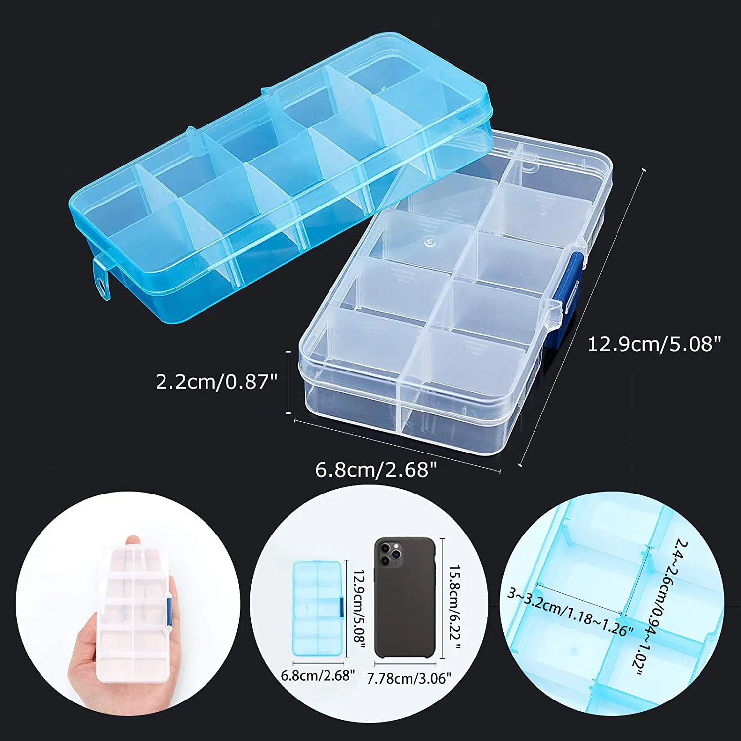 10 Grids Transparent Plastic Storage Box, Adjustable, Transparent Dividers for Jewelry Beads, Pills, Nail Art Tips Storage